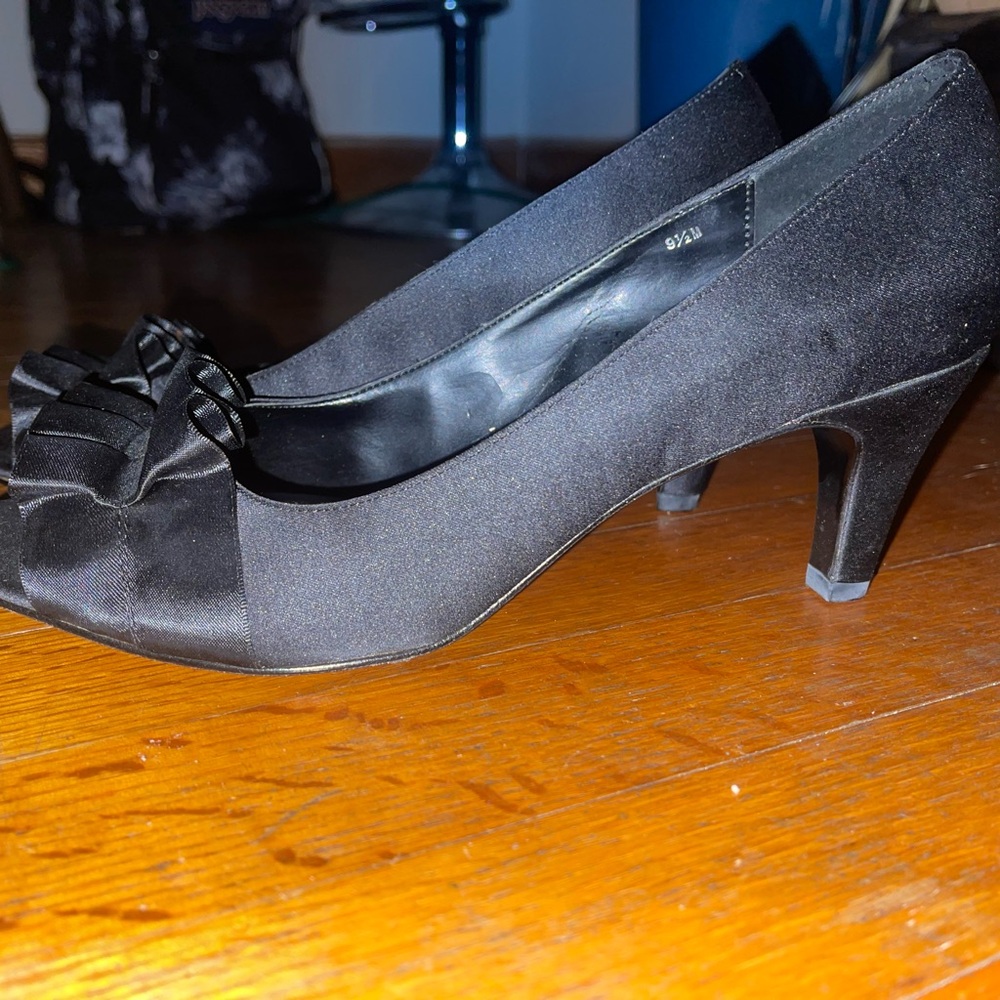 Vaneli Classic Black Satin Heels with Bow